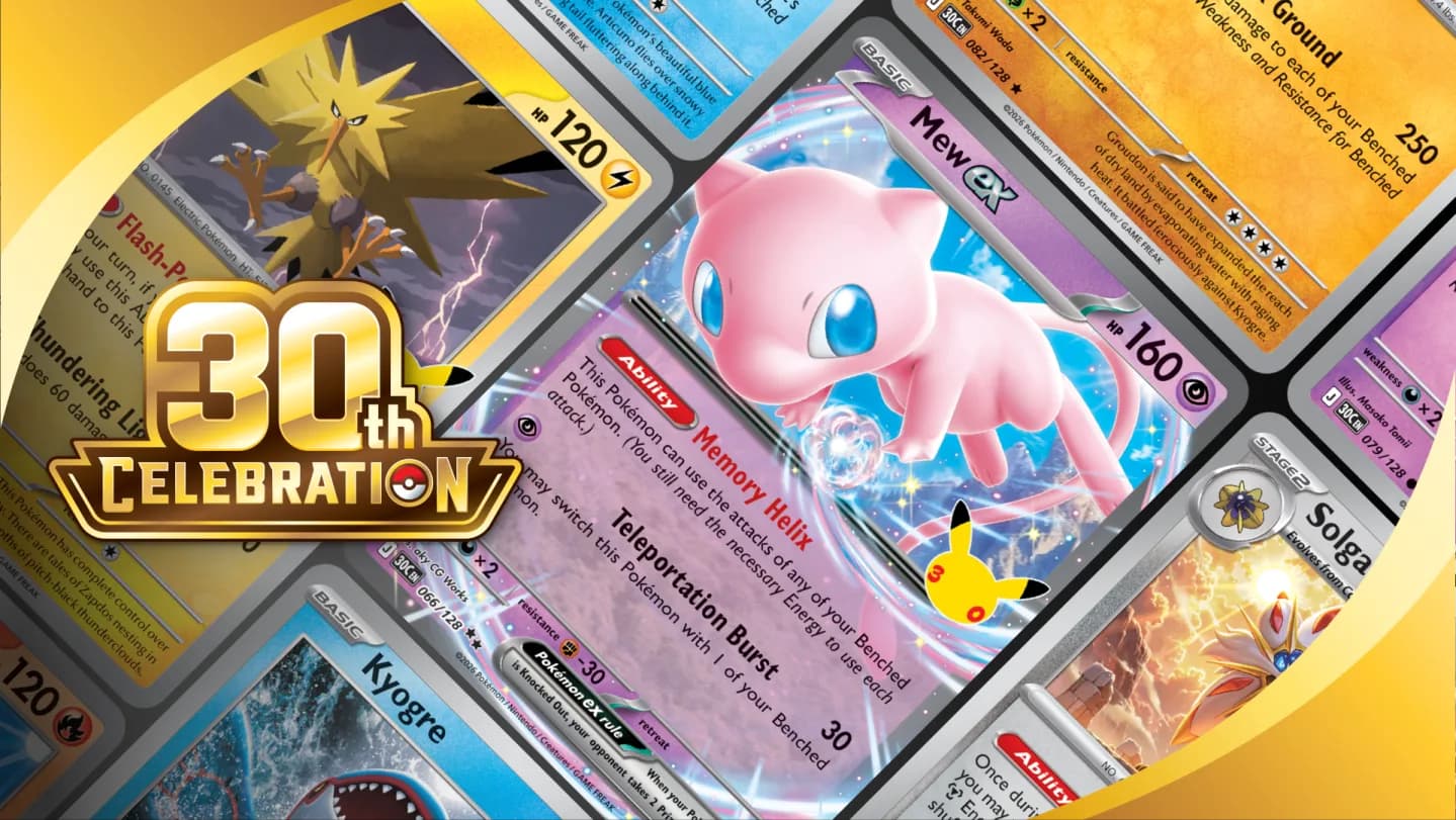 Pokémon TCG 30th Celebration artwork — a Pikachu-stamped Mew ex beside Zapdos, Kyogre, Groudon, and Solgaleo