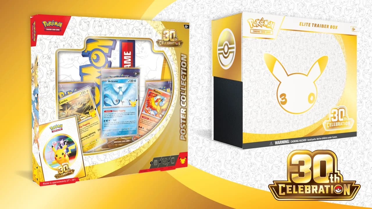 Pokémon TCG 30th Celebration Poster Collection and Elite Trainer Box packaging, with Articuno, Zapdos, and Moltres promo cards